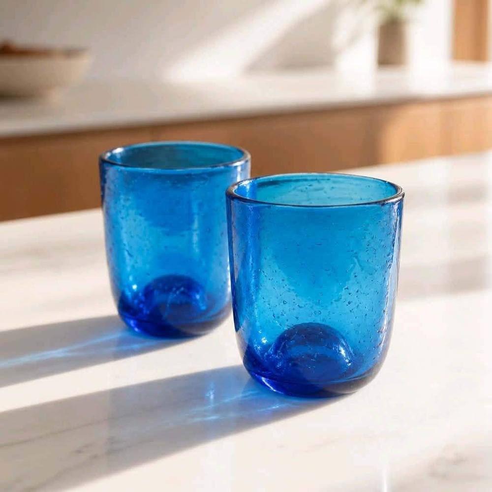 Ireland Iris Double Old Fashioned Glasses Cobalt Blue Handmade Tumbler Set of 2
